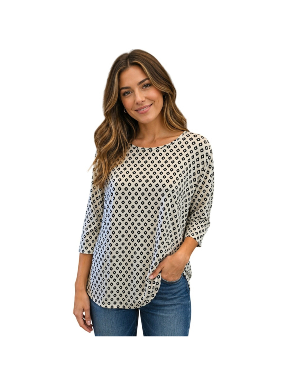 J jill wearever lycra blend sz M geometric ivory black Medallion top career EUC